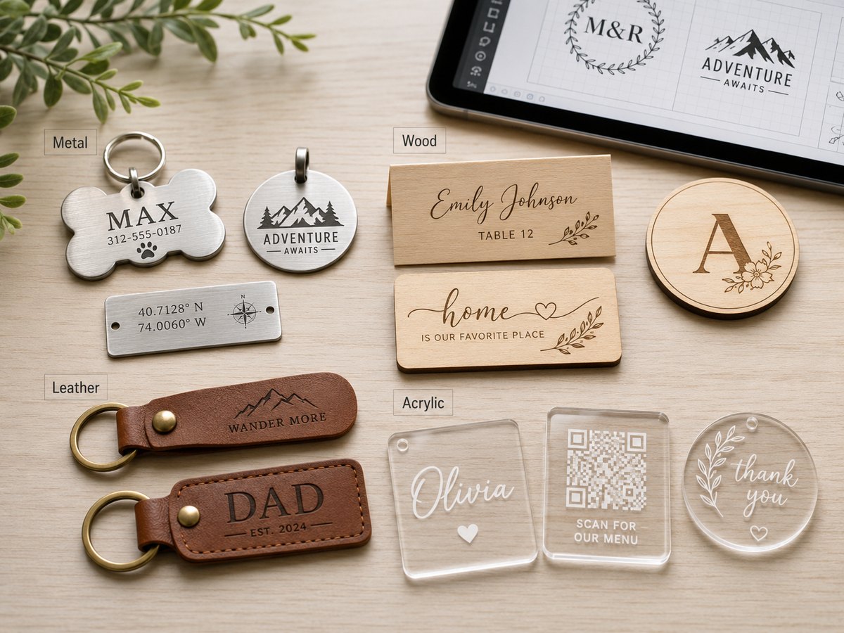 Finished laser engraving samples on metal, wood, leather, and acrylic