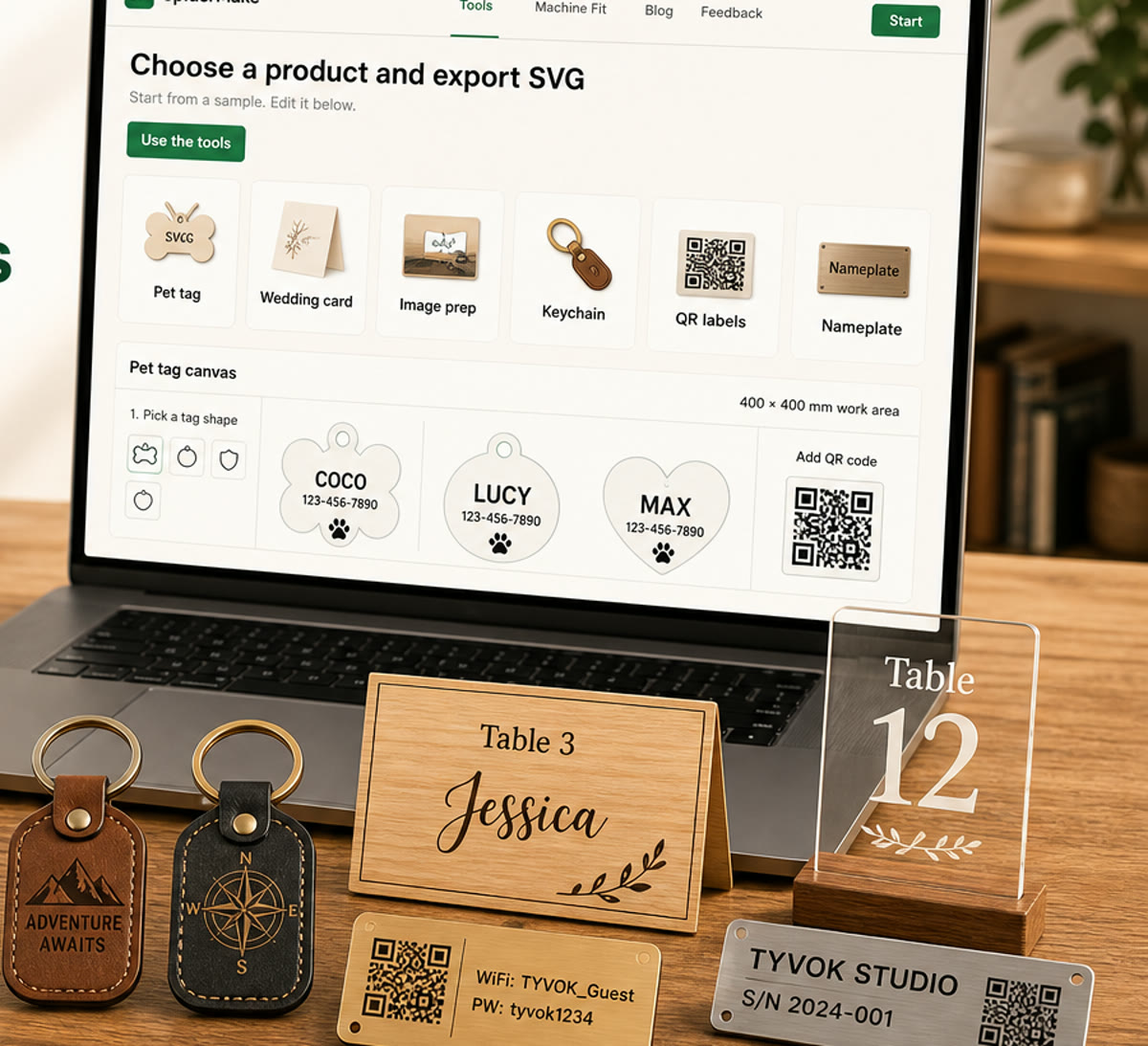 SpiderMake SVG tools shown with finished engraved tags, cards, labels, and keychains