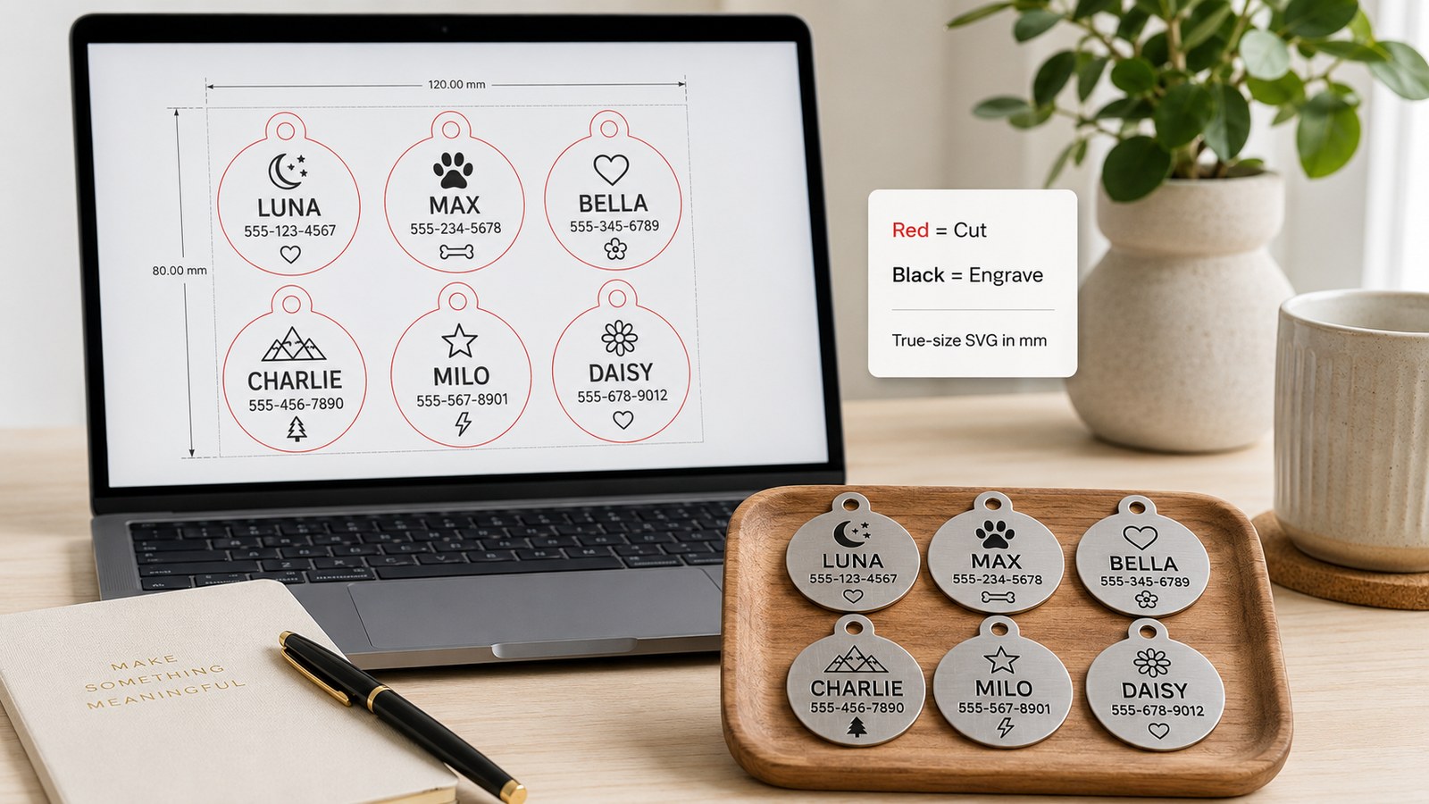 Metal pet tags prepared for laser personalization