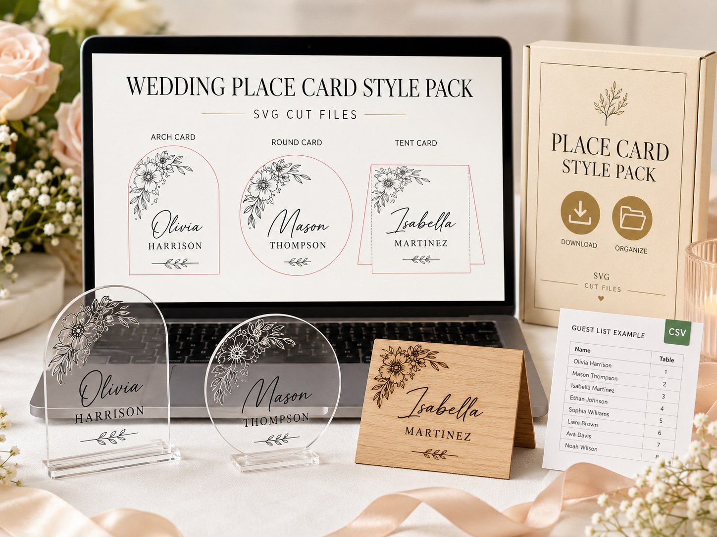 Wedding place card style pack with sample cards and file preview